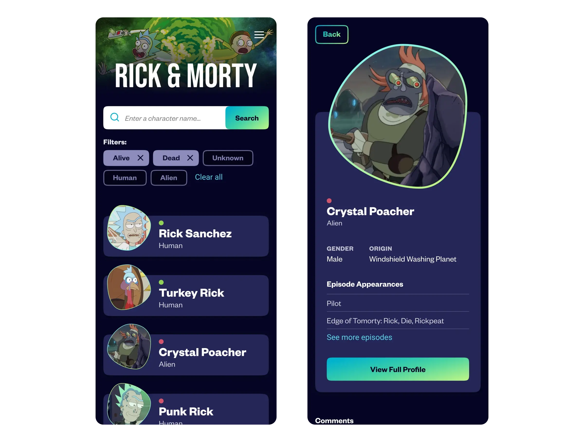 Rick and Morty mobile character search screens