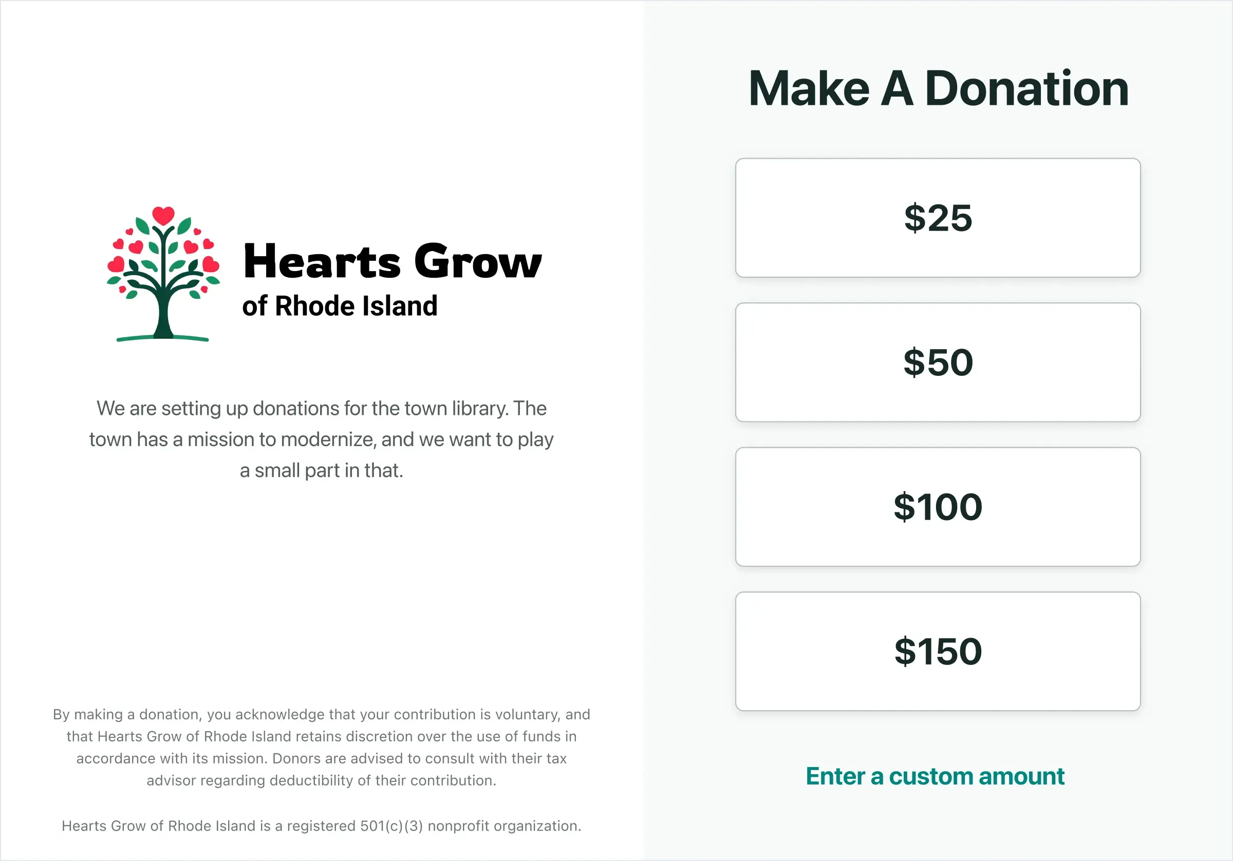 Hearts Grow donation payment screen